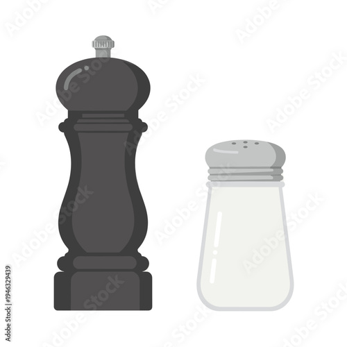 Minimalistic illustration of a black pepper shaker and a white salt shaker on a plain background