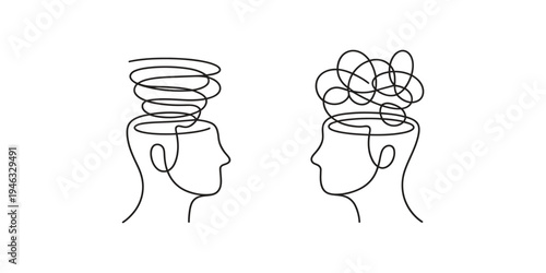Human head mental health awareness icon, tangled thoughts illustration, stress management, psychological counseling and therapy concept, wellness support.