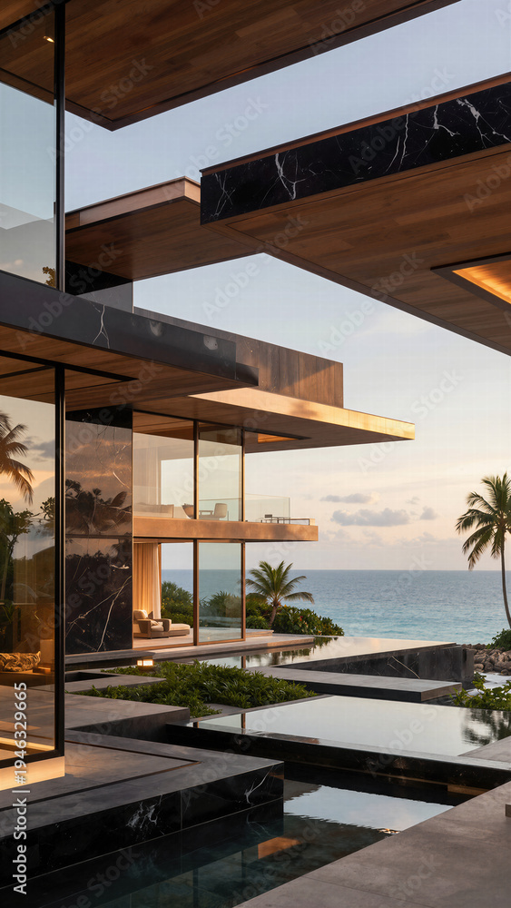Fototapeta premium Tall contemporary residential architectural design featuring vertical wooden elements and large glass windows glowing brightly against a beautiful twilight sky.