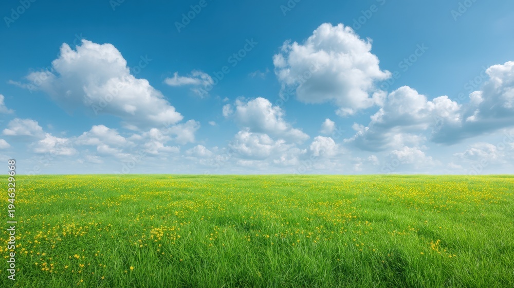 Fototapeta premium Vibrant Green Meadow Under a Bright Blue Sky with Fluffy White Clouds on a Sunny Day