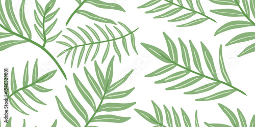 Seamless pattern of tropical green palm leaves on white. Hand drawn jungle foliage seamless background vector illustration for wallpaper and print