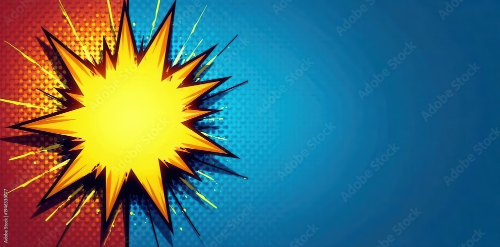Naklejka premium Blue & yellow halftone comic book background with lightning bolt explosion , vibrant, comic book