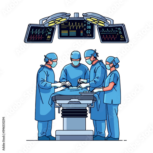 Illustration of a surgical team performing an operation in blue scrubs with medical monitors above them on a white background.