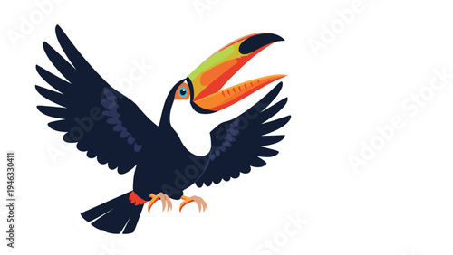 Colorful tropical toucan bird with a large yellow and orange beak flying with wings spread wide.