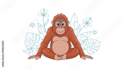 Peaceful brown orangutan sitting cross legged on the ground with tropical leaves and flowers in the background.