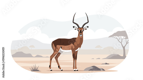 Elegant brown impala antelope with long curved horns standing in a dry savannah landscape under a cloudy sky.