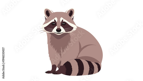 Detailed illustration of a gray and black raccoon sitting and looking forward with its masked face and bushy tail.