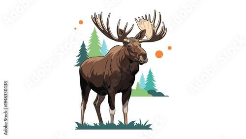 Large brown moose with massive antlers standing in a forest with green pine trees and abstract orange circles.