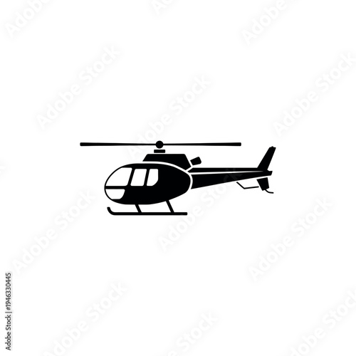 A black helicopter silhouette with rotor blades on a white background