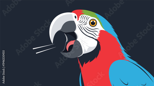 Close up portrait of a vibrant red, blue, and green macaw parrot squawking with its beak open.