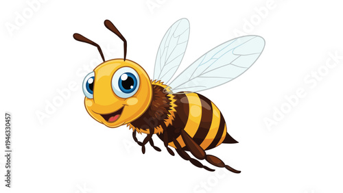 Friendly yellow and black bumblebee with blue eyes and clear wings flying on a white background.