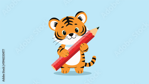 Baby tiger cartoon character holding a giant red pencil against a light blue background for school and art concepts.