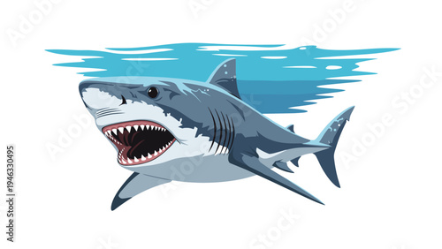Powerful great white shark swimming through the deep ocean with its large mouth open revealing rows of sharp teeth.