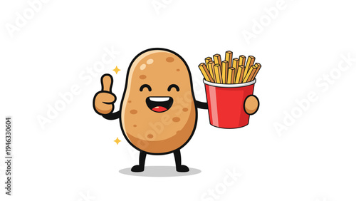 Happy cartoon potato character smiling and giving a thumbs up while holding a bucket of crispy golden French fries.