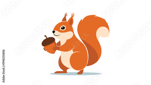 Adorable red squirrel standing on its hind legs and holding a large brown acorn against a plain white background.
