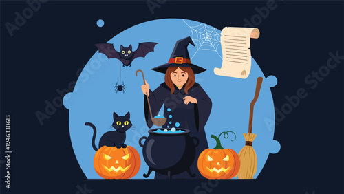Young witch wearing a pointed hat stirring a bubbling cauldron surrounded by black cats, pumpkins, and a flying bat.