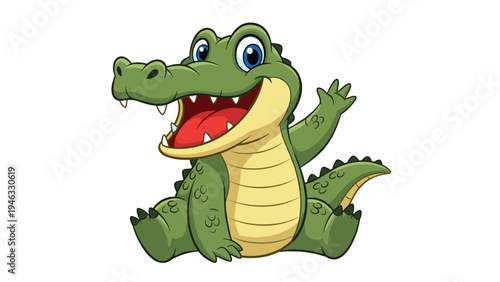 Friendly green crocodile sitting and waving its hand with a wide toothy smile, isolated on a plain white background.