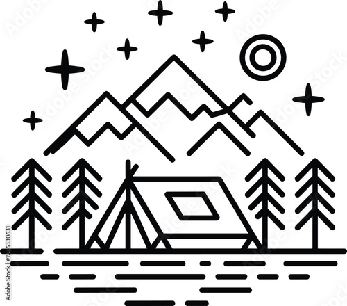 Camping Tent Mountains Nature Scene Simple Line Art Icon Stock Illustration