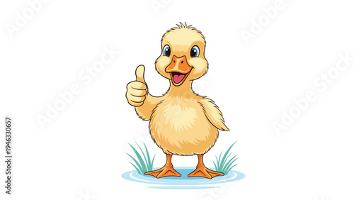 Cute yellow duckling standing in a small puddle of water and giving a thumbs up with a happy smiling expression.