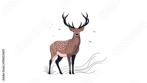 Majestic spotted deer standing alert in a minimalist natural landscape with soft wind lines and distant birds.