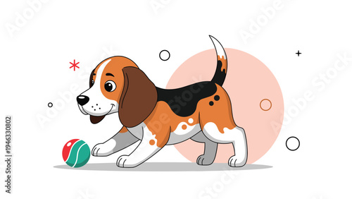 Playful beagle puppy with brown and black markings chases a colorful ball across a simple light peach circle background.