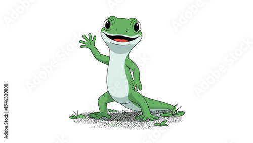 Friendly green gecko lizard stands on the ground and waves its front foot with a big smile on its face in this cartoon.