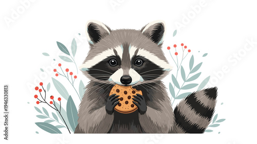 Adorable raccoon with its characteristic mask holds and eats a chocolate chip cookie in front of soft green leafy foliage.