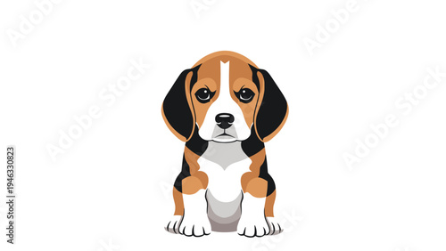 Cute tricolor beagle puppy sits calmly and looks directly forward with big expressive eyes and long floppy ears.