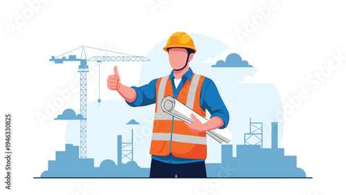 Confident construction worker in a safety vest and hard hat holds a blueprint and gives a thumbs up at a building site.