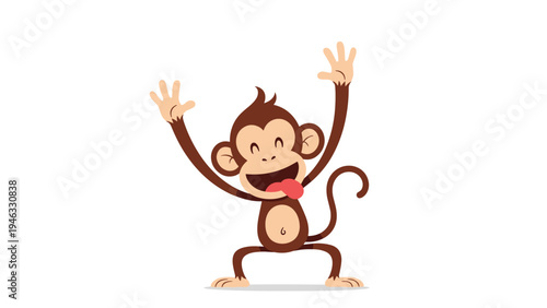 Funny brown monkey making a silly face with its tongue sticking out and arms raised in a playful pose.