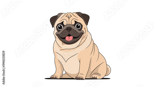 Adorable tan pug dog sitting and smiling with its tongue out showing a happy and friendly expression.