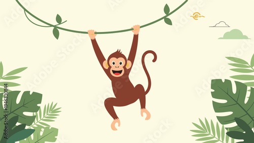 Playful brown monkey swings from a leafy vine in the jungle with a big happy smile and a curly tail in the background.