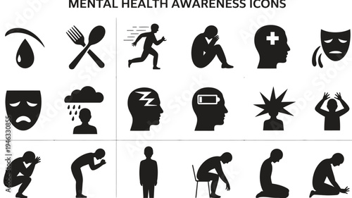 Mental health awareness icons set, depression, anxiety, stress, burnout, emotional disorders, psychological support, black and white silhouette illustration, wellness and counseling concept.