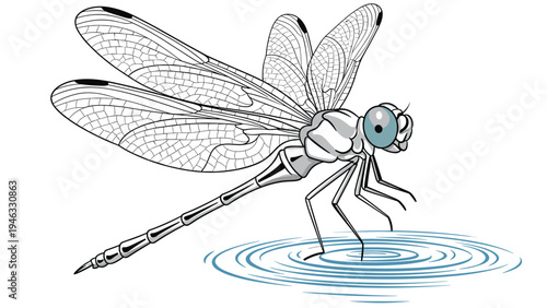 Detailed black and white illustration of a dragonfly touching the surface of water with ripples.