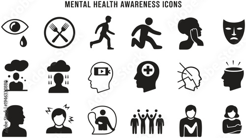 Mental health awareness icons set, depression, anxiety, stress, burnout, emotional disorders, psychological support, black and white silhouette illustration, wellness and counseling concept.