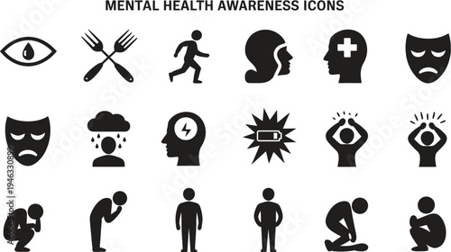 Mental health awareness icons set, depression, anxiety, stress, burnout, emotional disorders, psychological support, black and white silhouette illustration, wellness and counseling concept.