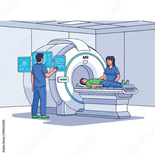 Medical professionals operating an MRI machine with a patient lying on the examination table in a clinical setting.