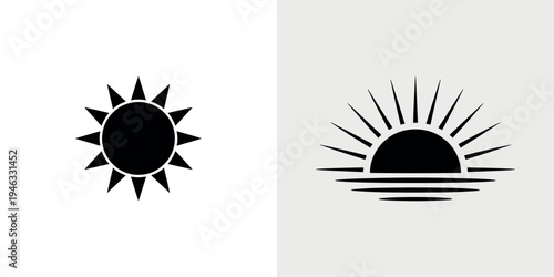 Black sun rising over water with lines on white background
