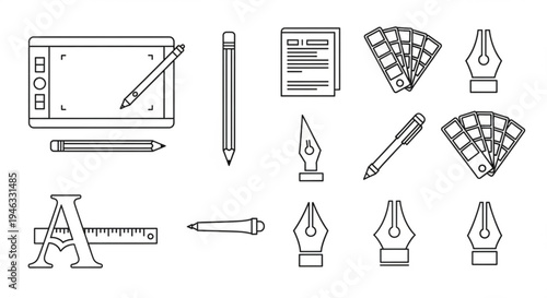 Hand drawn vector icon set of tools and instruments including arrows pencil scissors wrench bolt nut and music equipment in simple sketch style