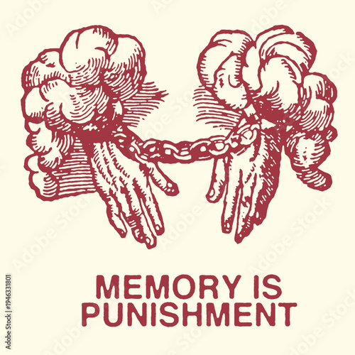 Haunting vector graphic illustration of hands shackled by a heavy chain, conveying the profound and poignant concept that memory is punishment.