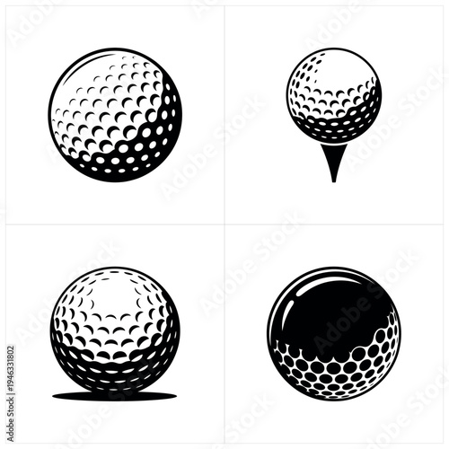 Four Different Golf Ball Illustrations in Black and White on White Background