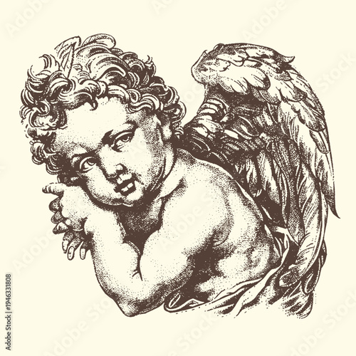 Classic adorable cherub illustration with intricate wings and curly hair, embodying innocence and divine charm, a timeless vector graphic design element for various artistic projects.