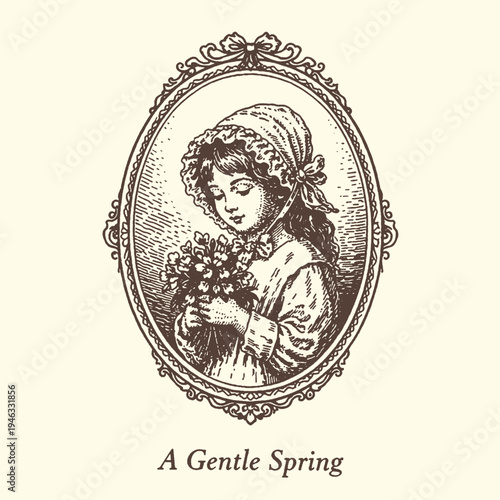 Charming vintage vector illustration of a sweet young girl in a bonnet holding a bouquet of spring flowers, elegantly framed, capturing a moment of innocence and classic beauty.