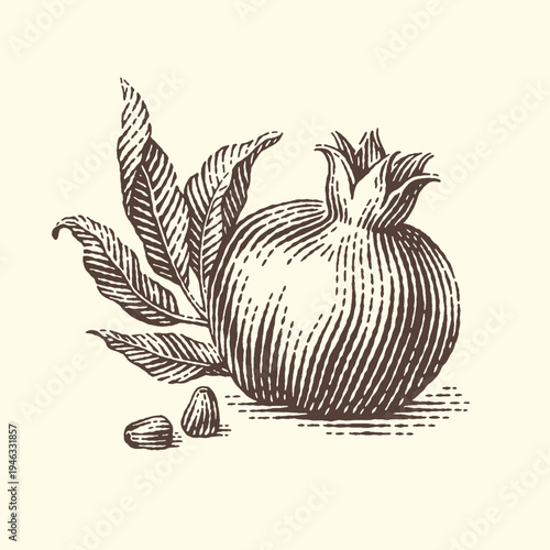 Vintage hand-drawn vector illustration of a whole ripe pomegranate fruit with detailed leaves and scattered seeds, perfect for organic food designs and healthy lifestyle graphics.