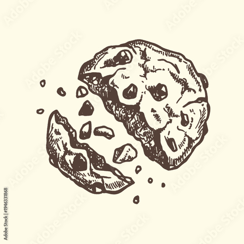 Hand drawn chocolate chip cookie illustration with a bite taken out and crumbs scattered, depicting a delicious snack or treat for graphic design projects.