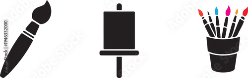 Paintbrush, easel, and colorful pencils in a cup on a white background painting