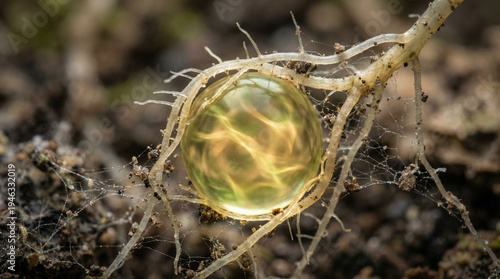 Plant Root Macro in Soil with Glowing Biological Sphere