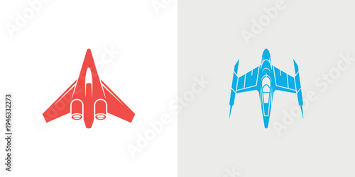 Two fighter jets in red and blue colors shown from above in flight formation