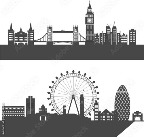London city skyline vector silhouette featuring Big Ben, Tower Bridge, London Eye, and famous British landmark monuments