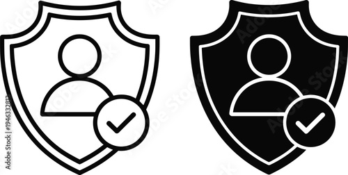 Shield with user person and check mark vector icon set, secure profile validation for data privacy protection